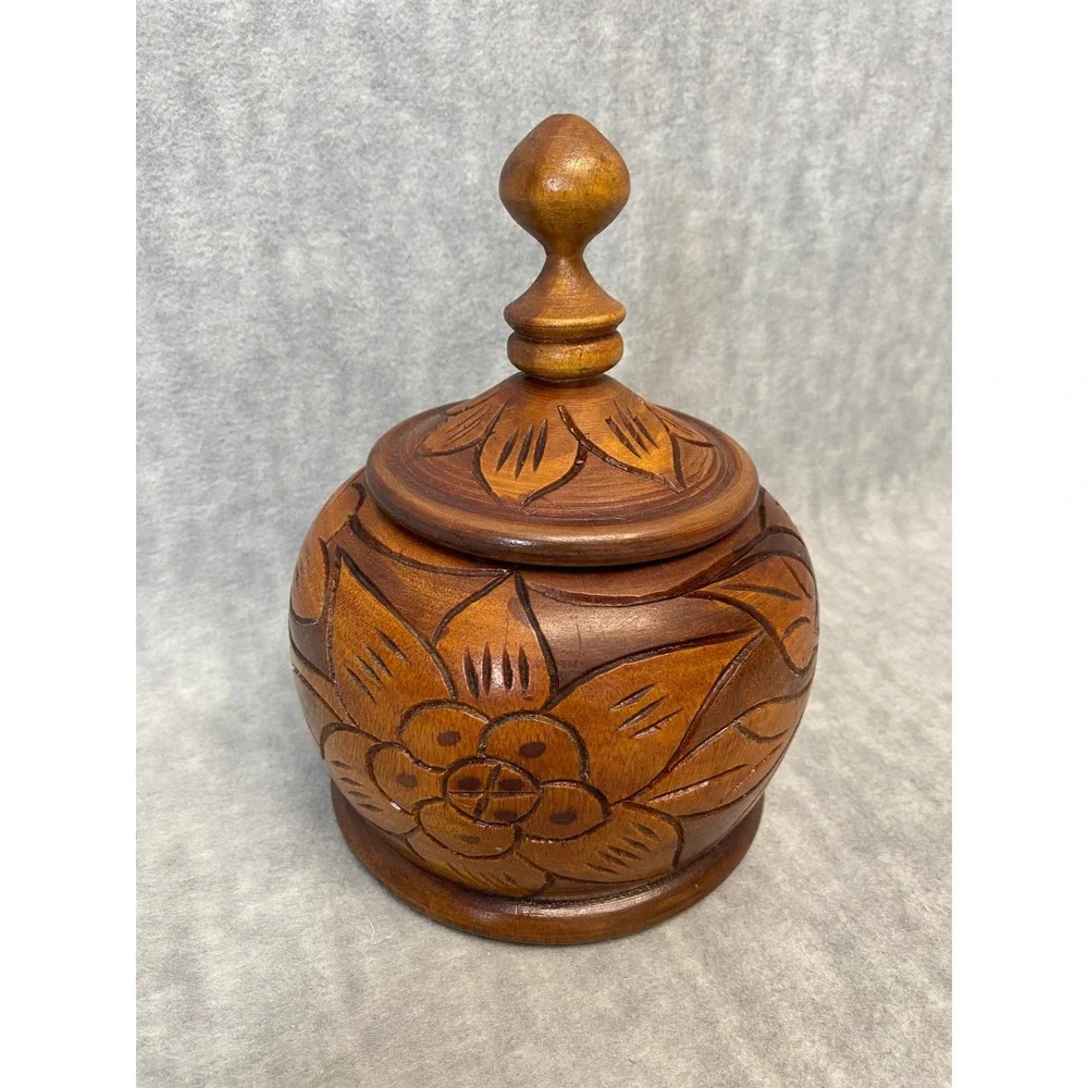 Round Hand Carved Wood Container With Lid‎ Floral Design Decorative Trinket Box